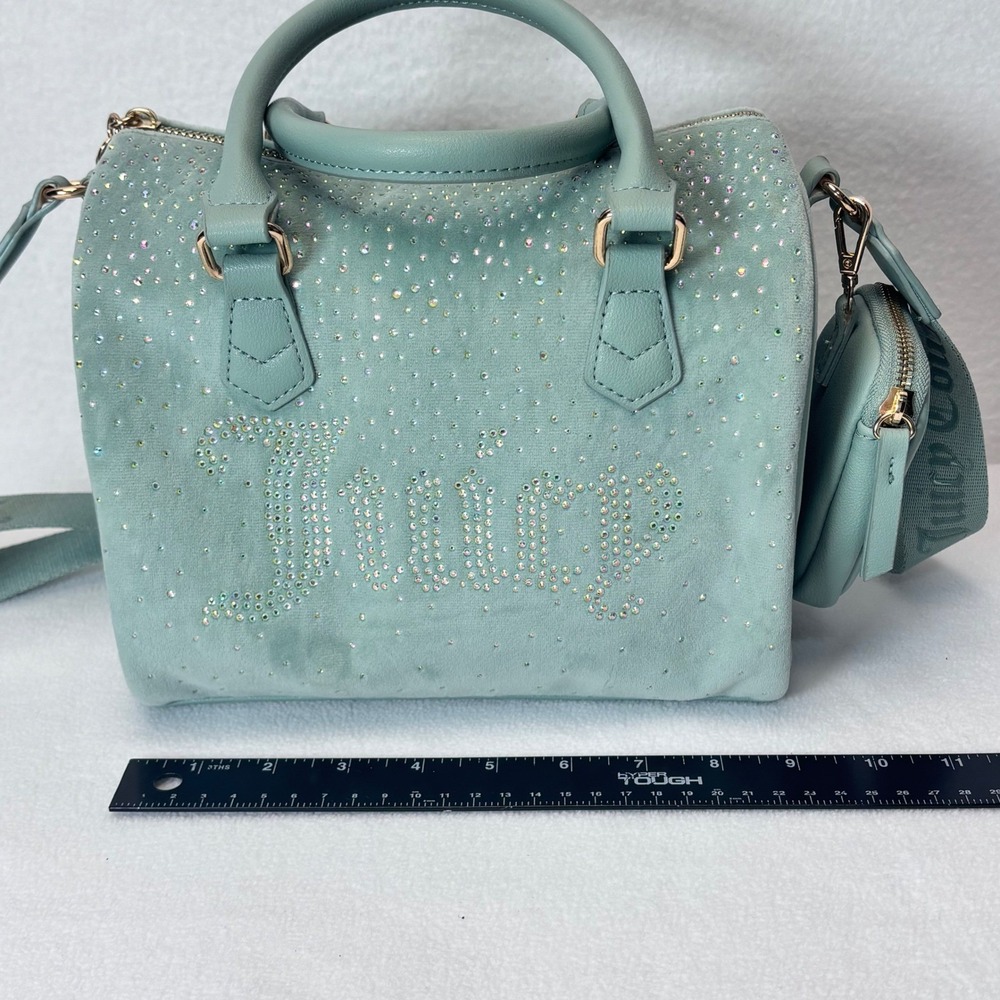 Juicy Couture Crossbody Satchel Bag Y2K Mint Green Blue Rhinestone Velour - Picture 9 of 14